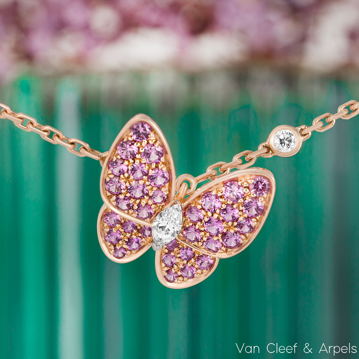 Two Butterfly pendant 18K rose gold, Diamond, Sapphire - Van Cleef